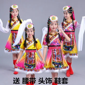 Deti kostýmy Tibetskej menšiny tanečné kostýmy Rukáv mongolskej dievča fáze výkonu oblečenie