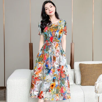 Elegantné dámske Sundress Lete Tenký, Krátky Rukáv Vintage Šaty pre Ženy 2023 Bežné Dlhé Šaty kórejský Štýl Oblečenie