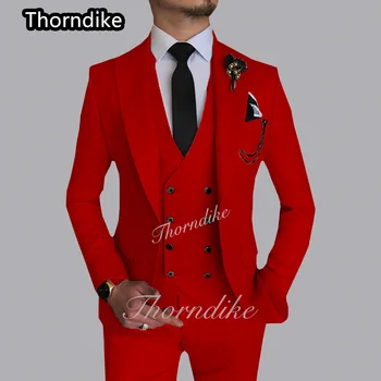 Thorndike 2022 Najnovšie Červenou Farbou Mužov je Svadobný Set Vybavené Fit Ženícha, Nevesty Smoking Módne Formálne Bundy Nohavice, Vesta 3 Kusy