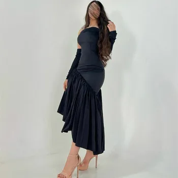 Elegantné Krátke Čierne Večerné Šaty bez Ramienok Morská panna Krepové Moslimských Skladaný Čaj Dĺžka Prom Formálne Šaty pre Ženy