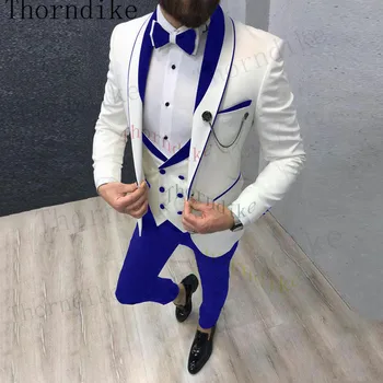 Thorndike Najnovšie Bielej Farby Pre Svadobné Tuxedos Ženícha Kráľovská Modrá Klope Groomsmen Oblečenie Muž Blejzre Kostým Homme