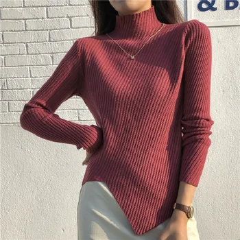 2022 nové jarné a Jesenné módne ženy clothesTurtleneck Sveter plné rukávy, elastické sexy pulóver asymetrické Lem svetre