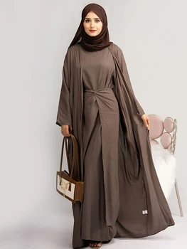 3 Kus Abaya Nastaviť Moslimských Žien Zodpovedajúce Oblečenie Kimono+Dlhé Rukávy Šaty+Zábal Sukne Dubaj Ramadánu Eid Modlitba Islamské Oblečenie