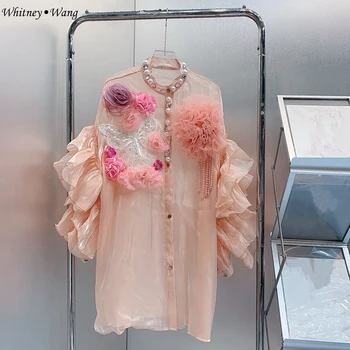 WHITNEY WANG styl Designer 2023 Jar Streetwear Módy 3D Kvety Rozstrapatené Tričko Šaty Ženy