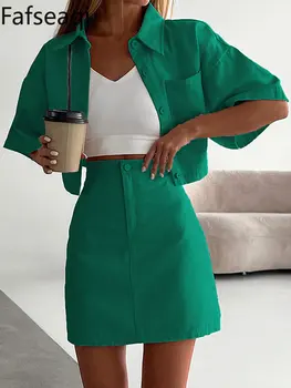 Dvojdielne dámske Letné Oblek s Sukne 2023 Zelené Tlačidlá, Krátke Tričká Top Bavlna Mini Sukne Dve Dielna Sada pre Ženy Oblečenie