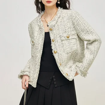 Lady Streetwear Jar Jeseň Vlnené Sako Vintage Kabát Módne Tweed Vyhovovali 2023 Nové S5479
