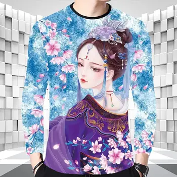 3D Čínsky štýl, krása dlhým rukávom T-shirt príležitostné voľné jeseň base oblečenie farebné tlač mužov Vianočné darčeky