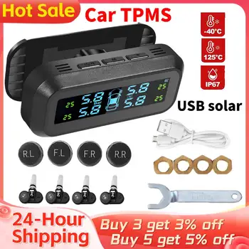 Smart TPMS Auto Tlaku v Pneumatikách Alarm Monitor Systém 4 Senzory Displej USB/Solar Inteligentná Pneumatika Tlak Teplota Varovanie