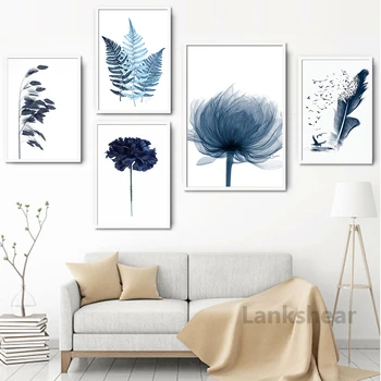 Akvarel Kvety Plátno na Maľovanie Modrá Botanická Leaf Plagát na Stenu Umenie Plagáty a Vytlačí Minimalistické Obrázky Obývacia Izba Dekor
