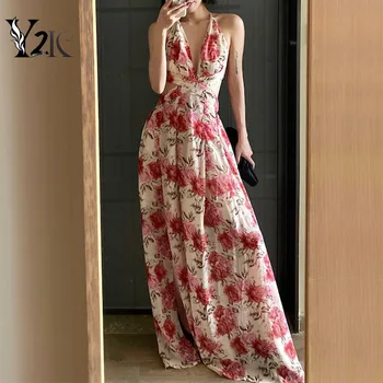 Y2K oblečenie móda elegantné sexy tvaru maxi šaty pre ženy letný kvetinový tlač elegantné backless dovolenku strany večerné šaty ZA