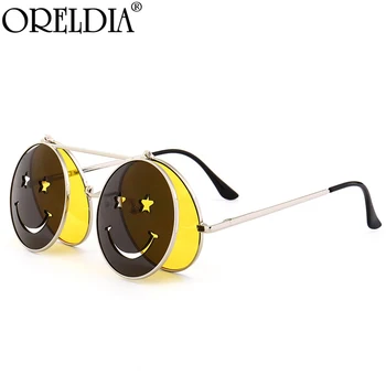 Móda Steampunk Flip slnečné Okuliare Ženy, Mužov Kolo Smajlík Slnečné Okuliare Ženy, Luxusné Značky Dizajnér Okuliare UV400 Oculos