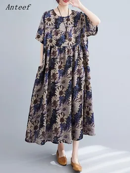 krátky rukáv nadrozmerné bavlna vintage kvetinový nové šaty pre ženy príležitostné voľné dlhé letné šaty elegantné oblečenie 2023
