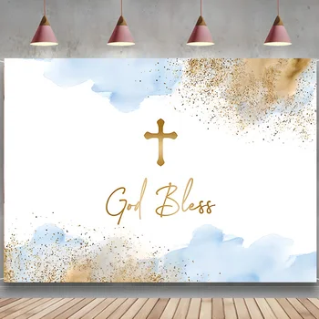 Boh Vám Žehnaj Pozadie Chlapec Sviatosti Krstu Krst Party Dekorácie Modrá Akvarel Mraky Zlatý Kríž Pozadí Banner