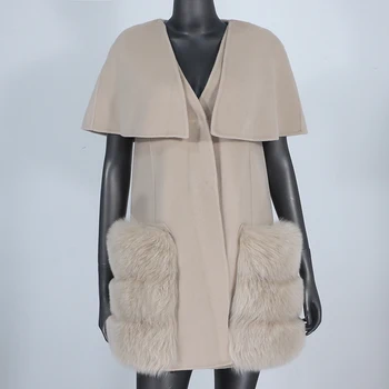 2022 Reálne Kožušiny Kabát, Plášť Zimná Bunda Ženy Prírodné Fox Kožušiny Vrecku Cashmere Vlna Zmesi Dámy Hrubé Teplé Streetwear Nové