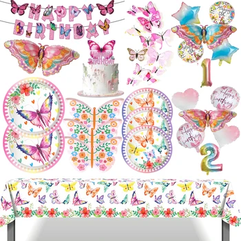 Butterfly Party Riad Ružová Dosky, Poháre Farbou Obrus Balón Svadobné Dekorácie Deti Dievča Narodeninovej Party Dieťa Zobraziť