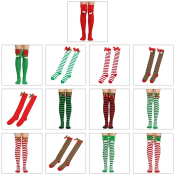 Vianočné Zelená Červená Osadenie Prekladané Nad Kolená Bowknot Dlhé Ponožky F3MD