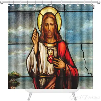 Vitráže Okno Zobrazujúce Najsvätejšieho Srdca Ježiša Krista Polyester Kút Záclony S Háčikmi Pre Kúpeľne, Sprchy