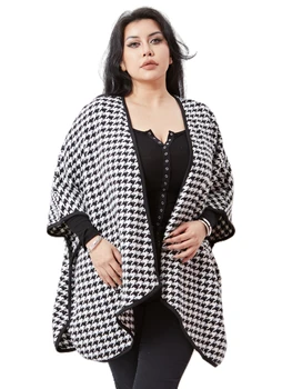 Plus Veľkosť 3/4 Dlho Bat Rukáv Bežné Zimné Kabát Ženy Voľné Otvoriť Predné Houndstooth Zákopy Srsti Veľká Veľkosť Vlnené Kimono Cardigan