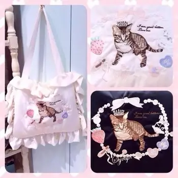 Lolita Roztomilé Mačka Vyšívané Saténové Taška cez Rameno Kawaii Kabelka Tote Tašky Kabelky Japonsko Cosplay Tašky pre Ženy Kolekcie Darček