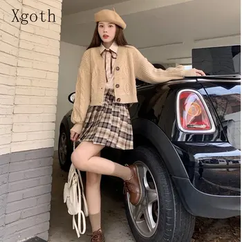 Xgoth Tri-kus Vyhovuje kórejský Nové Dlhým rukávom Sveter Kabát pre Jesenné Zimné 2023+kravatu Tričko+koberčeky Skladaná Sukňa Oblek pre Ženy