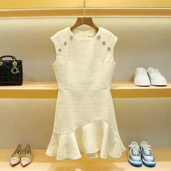 2023 Jar francúzske Biele Office Dámy bez Rukávov Šaty kórejský Elegantné O Krk Voľné Tweed Fishtail Šaty pre Ženy Lete