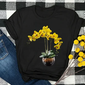 Nadrozmerná Ženy Čierne Tričko Letné Oblečenie Žltý Kvet Tee Tričko žena Topy Bežné Streetwear Mária T shirt Camisetas Mujer