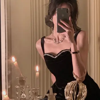 Letné Nové Elegantné Špagety Popruh Velvet Vintage Čierne Šaty Ženy Sexy Prom Večierok Módne Oblečenie Žien Vestidos