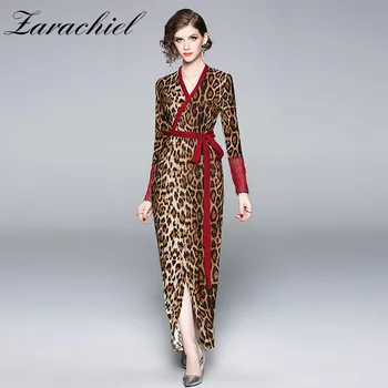 Móda Leopard Tlač Zábal Šaty 2020 Jeseň Sexy Ženy V Krku Motýlik Krídla Bodycon Ženské Šaty Elegantné Vysoké Split Maxi Šaty