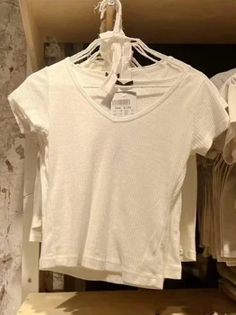 Sladké Dievčatá Biele Bavlnené tričká Ženy Bežné Pevné Prekladané V Krku Tenký, Krátky Rukáv T Shirt Vintage Jednoduché Y2k Topy Žena