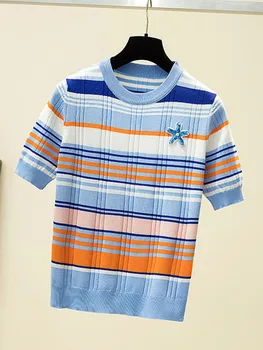 2023 Lete kórejský Módne Prúžok Zrastov Pulóver T Shirt dámske Slim Kontrast Farieb Krátkym Rukávom Tenký Pletený Sveter Knitwears