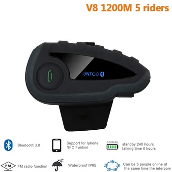 V8 bez Diaľkového Ovládania 1200M 5-Pásmový Skupiny Hovoriť NFC Bluetooth, Motocyklové Prilby Headset Intercom s FM Rádiom